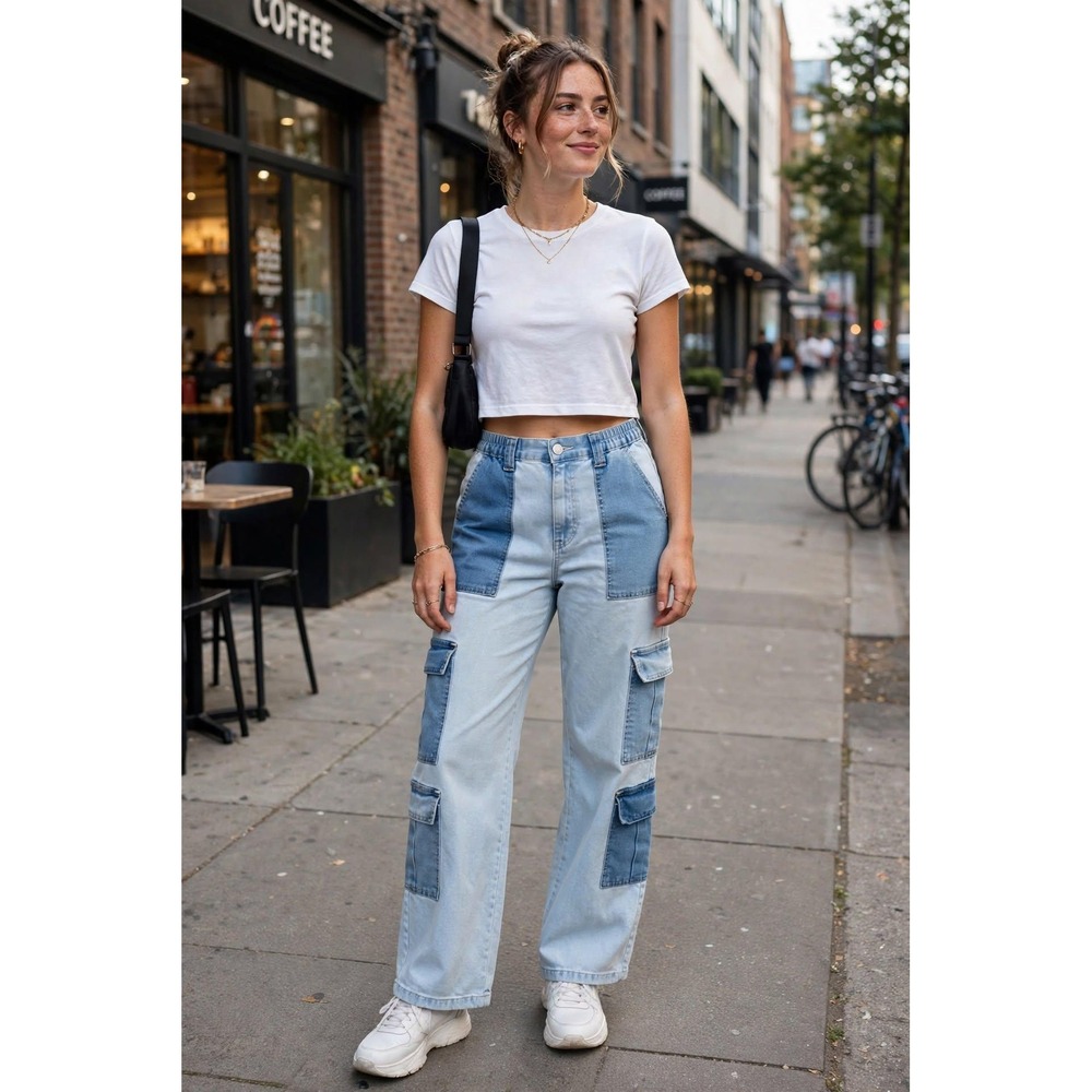 Almost Famous Womens Large Cargo Jeans Patchwork Light Blue Relaxed Straight